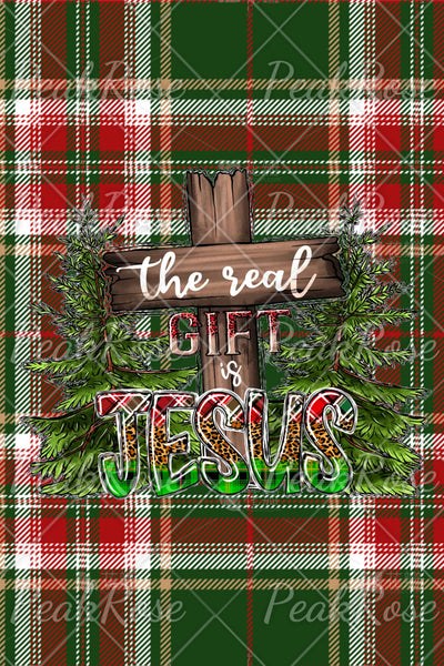 The Real Gift is Jesus Leopard Plaid Print Denim Jeans