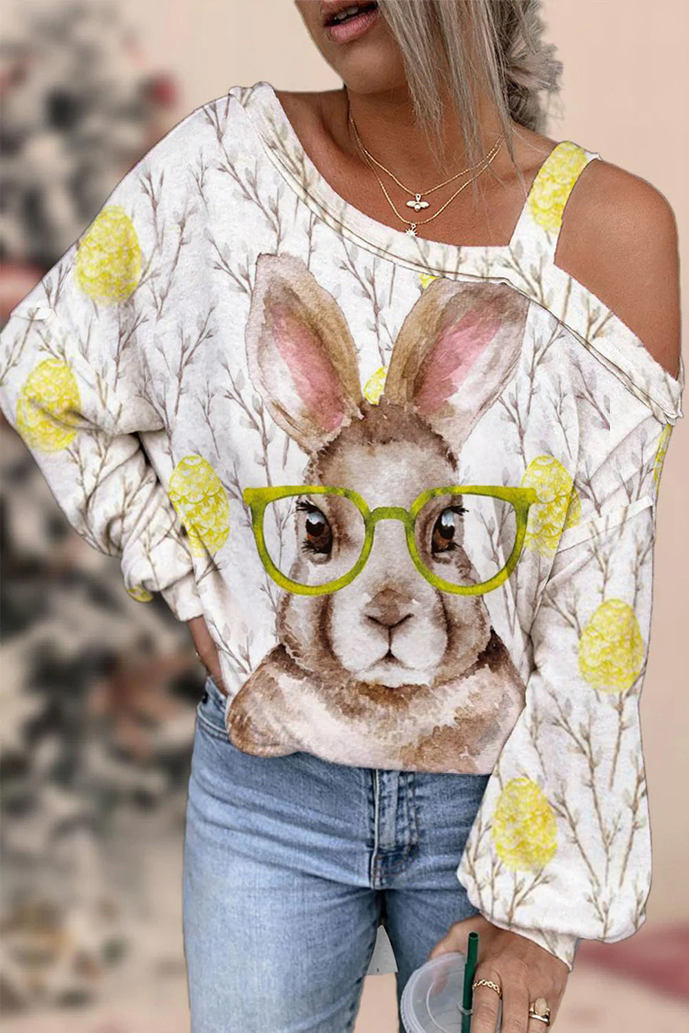 Cute Easter Bunny With Glasses In Easter Eggs Forest Printed Off-Shoulder Blouse