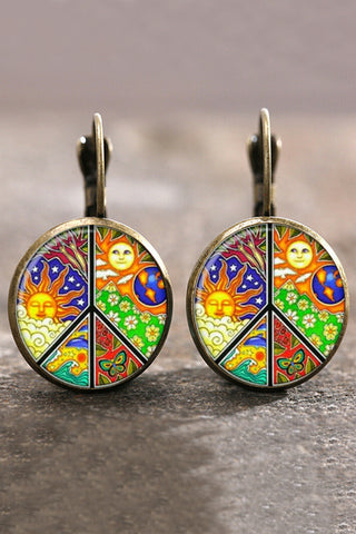 Sun With Starry Moon Peace Sign Vintage Resin Crafts Earrings