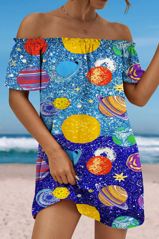 Water & Sky One Color Metaverse Wonderful Galaxy Planet Travel Ruffled Boat Neck Strapless Dress
