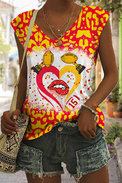 Red & Yellow Leopard Print Championship Trophy & Kiss Of Love V-Neck Tank Top