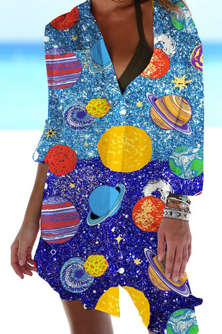 Water & Sky One Color Metaverse Wonderful Galaxy Planet Travel Printed Patch Front Pockets Shirt