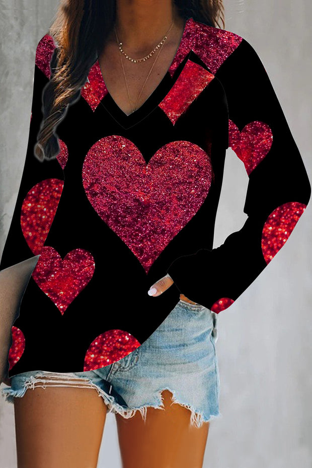 Glitter Red Heart Sparkles Print V-neck Long Sleeve Tee