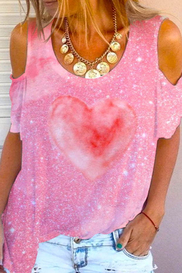 Glitter Pink Heart Sparkles Print Cold Shoulder T-Shirt