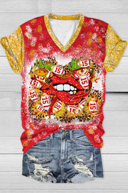 Red & Yellow Leopard Print Championship Trophy & MVP Number & Love Kiss Print V-neck T-shirt