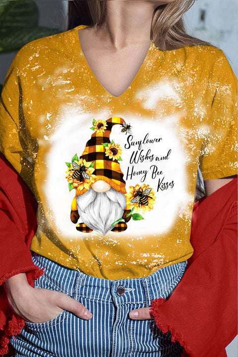 Western Gnomes with Bees and Sunflowers Plaid Bleached V-Neck T-Shirt