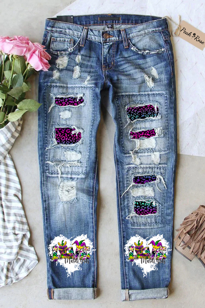 Happy Mardi Gras Love Denim Jeans