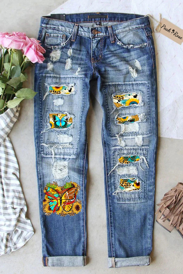 Sunflower Butterfly Vintage Leopard Rugby Pattern Ripped Denim Jeans