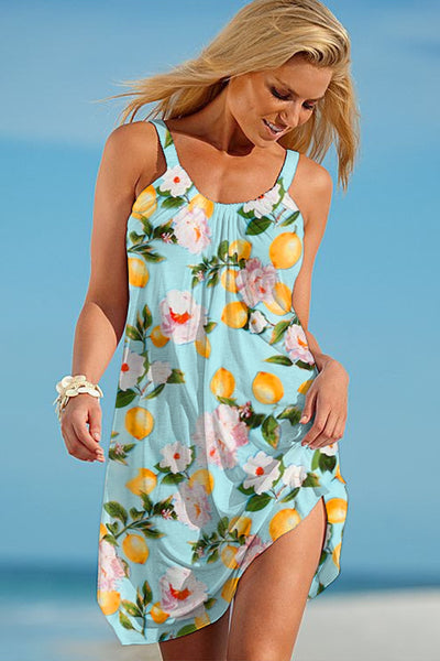 Spring Floral Lemon Print Sleeveless Dress