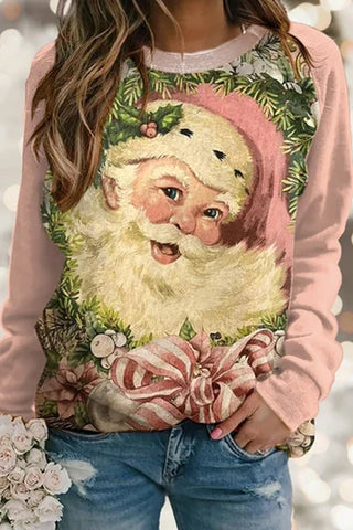 Women's Casual Loose Pink Santa Claus Print Sweatshirt