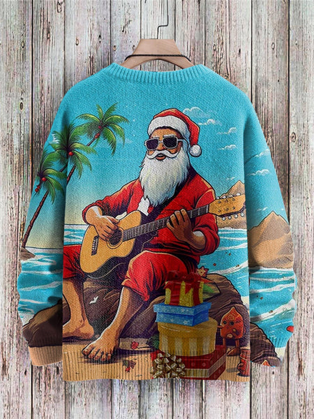 Christmas Santa Claus Playing Guitar Art Pattern Print Casual Knit Pullover Sweater