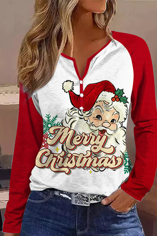 Women's Casual V-Neck Patchwork Santa Claus Print Sweatshirt