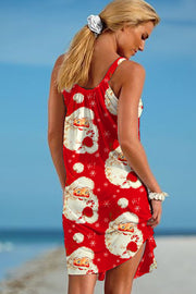 Retro Vintage Red Santa Claus Print Sleeveless Dress