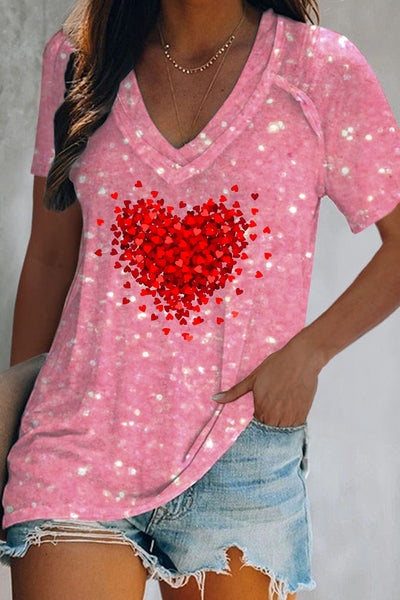 Glitter Splatter Heart-Shaped V-Neck T-Shirt