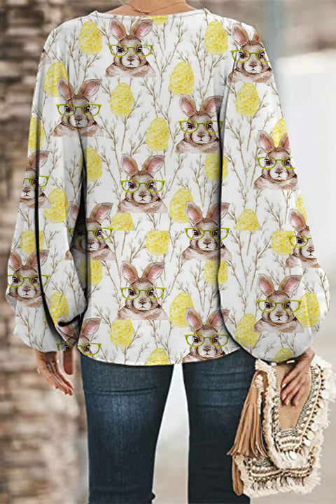 Cute Easter Bunny With Glasses In Easter Eggs Forest Printed Deep V Neck Long Balloon Sleeve Tops