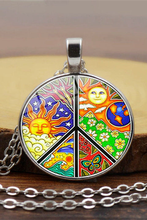 Sun With Starry Moon Peace Sign Vintage Resin Crafts Necklace