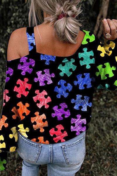 Autism Awareness Acceptance Love Multicolour Puzzle Printed Off-Shoulder Blouse