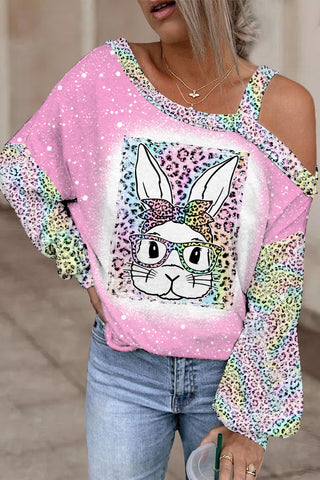 Rainbow Leopard Easter Bunny With Glasses Bleached Print Off-Shoulder Blouse