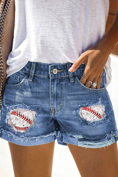 High Waist Baseball Denim Shorts