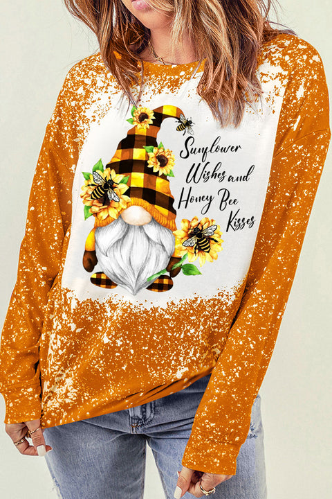 Western Gnomes with Bees and Sunflowers Plaid Bleached Sweatshirt