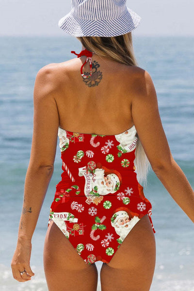 Retro Vintage Red Santa Claus Print Bikini Swimsuit