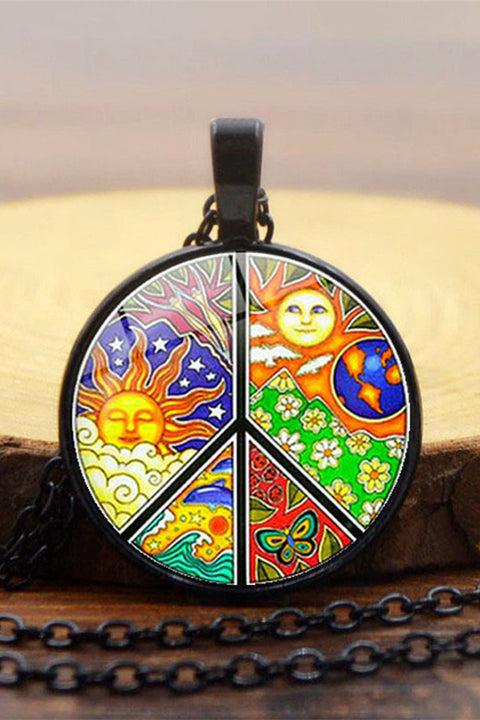 Sun With Starry Moon Peace Sign Vintage Resin Crafts Necklace