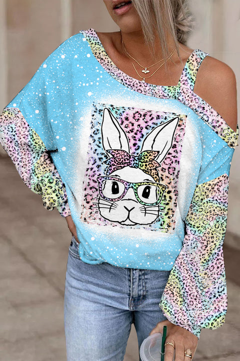 Rainbow Leopard Easter Bunny With Glasses Bleached Print Off-Shoulder Blouse