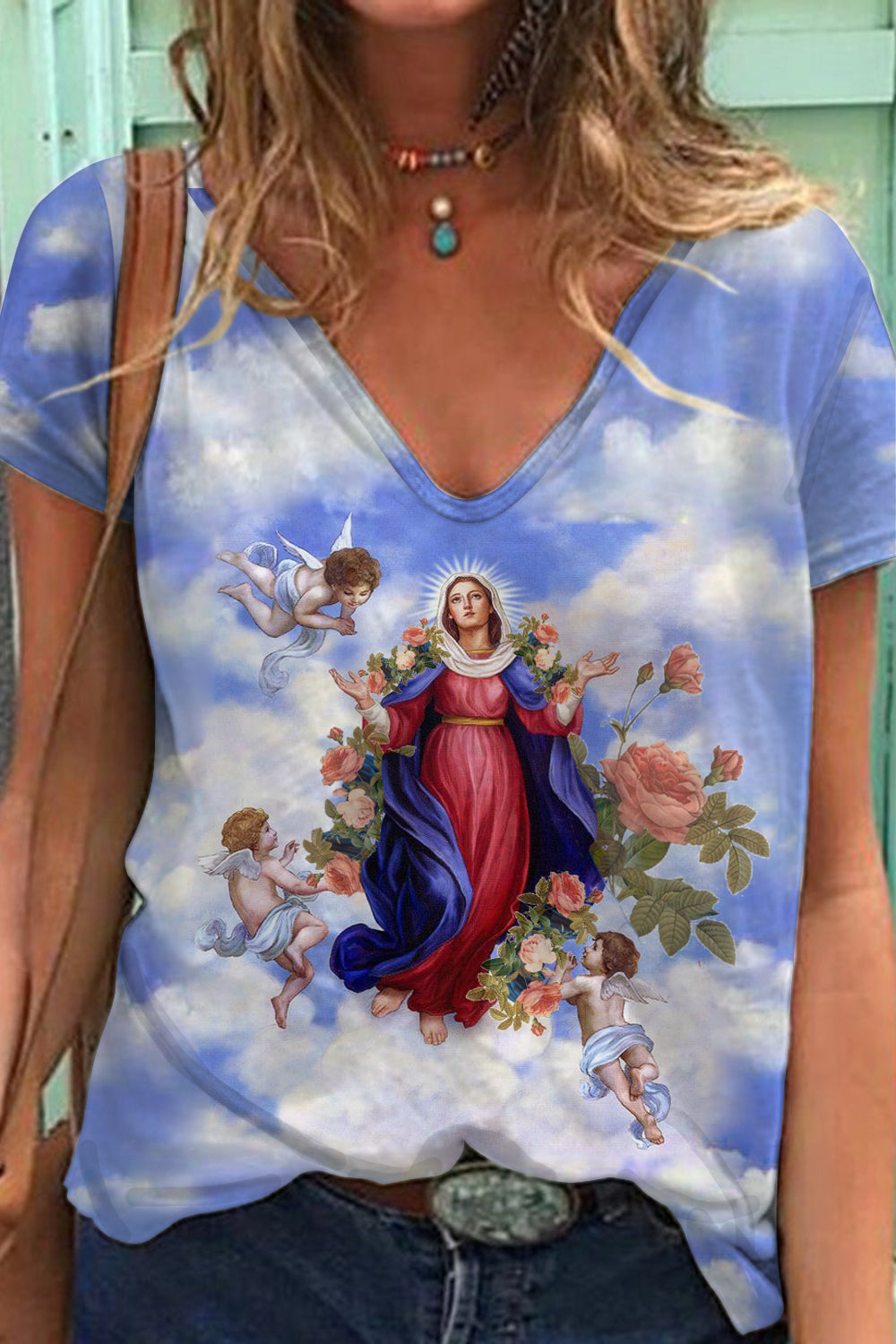 Easter Christianity Vintage Clouds Floral Angel Virgin Mary V Neck Short Sleeve T-shirt