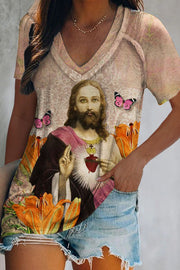 Easter Floral Butterfly Fun Jesus V Neck Short Sleeve T-shirt