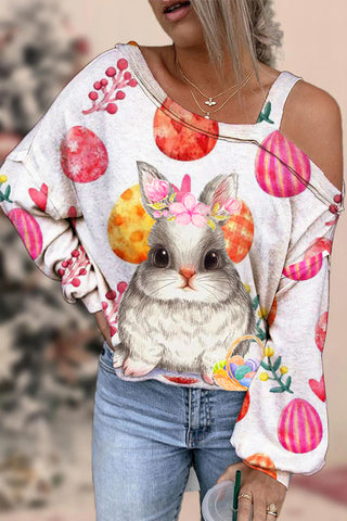 Happy Easter Cute Rabbit Selling Colored Eggs Off-Shoulder Blouse