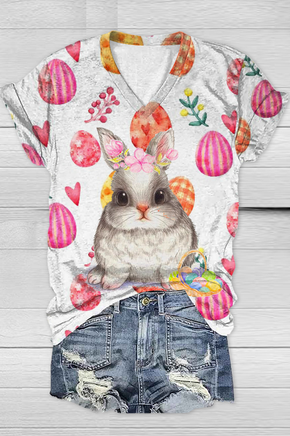 Happy Easter Cute Rabbit Selling Colored Eggs V Neck T-shirt