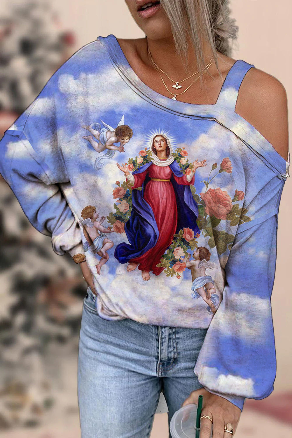 Easter Christianity Vintage Clouds Floral Angel Virgin Mary Off-Shoulder Blouse