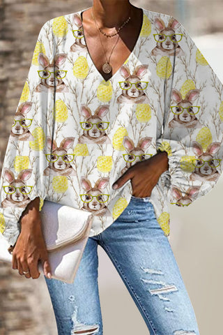 Cute Easter Bunny With Glasses In Easter Eggs Forest Printed Deep V Neck Long Balloon Sleeve Tops