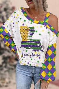 Vintage Mardi Gras Louisiana Fleur De Lis Plaid Print Off-Shoulder Long-Sleeved Blouse