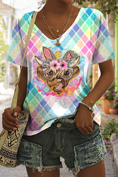 Easter Bunny Highland Cow With Glasses Farmers Cross Macarons Plaid Print V-neck T-shirt