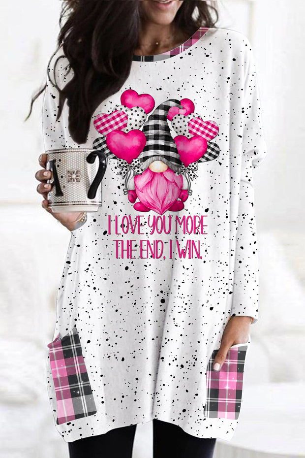 Gnomes Love Heart-Shaped Balloons Plaid Polka Print Loose Tunic With Pockets