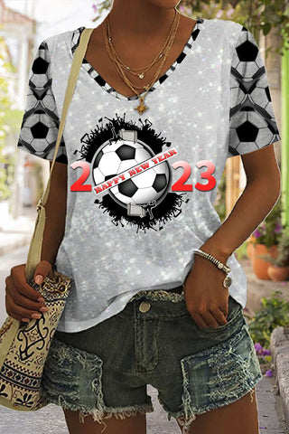 2023 HAPPY NEW YEAR Football Support Team Uniform Print V-neck T-shirt