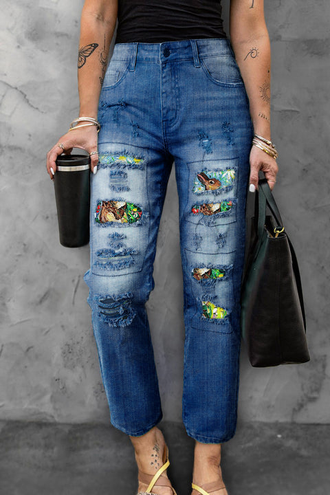 Happy Easter Day Bunny Floral Abstract Art Ripped Denim Jeans