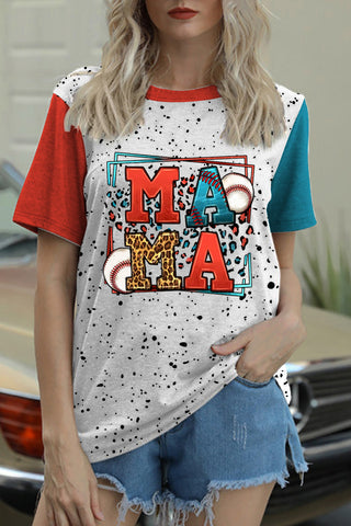 Casual Leopard Baseball Mama Polka Dots Print Round Neck Short Sleeve T-shirt