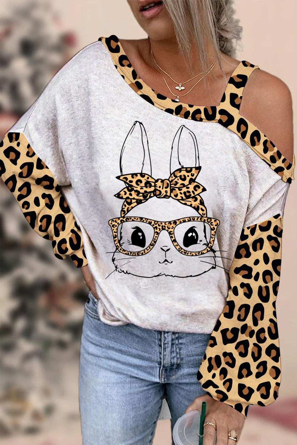 Cute Bunny With Leopard Bandana And Glasses Print Off-Shoulder Blouse