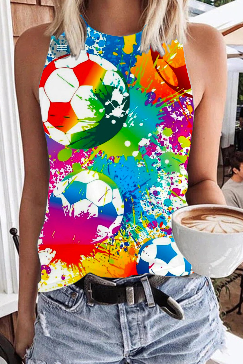 Colorful Retro Splatter Soccer Ball Soccer Mom Print Tank Top