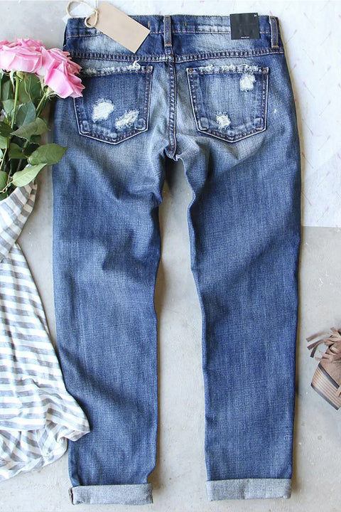 Casual Vintage Flower Bouquet Printed Ripped Denim Jeans