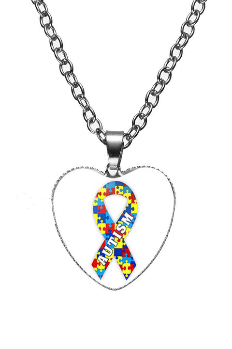 Autism Awareness Acceptance Love Multicolour Puzzle Ribbon Necklace