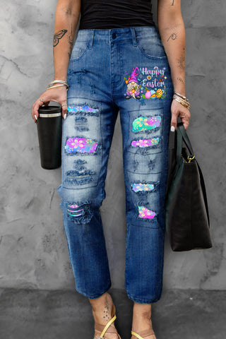 Rainforest Flowers Galaxy Happy Easter Gnomes With Bunny Ears Printed Denim Jeans
