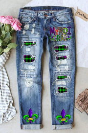 Mardi Gras Plaid Crawfish With Fleur De Lis Polka Print Ripped Denim Jeans