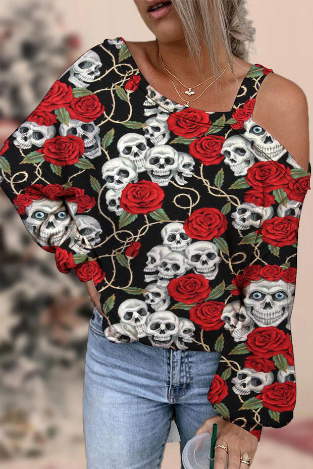 Skeleton Rose Print Off-shoulder Blouse