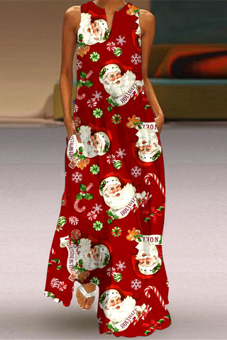 Retro Vintage Christmas Red Santa Claus Print V-Neck Sleeveless Maxi Dress