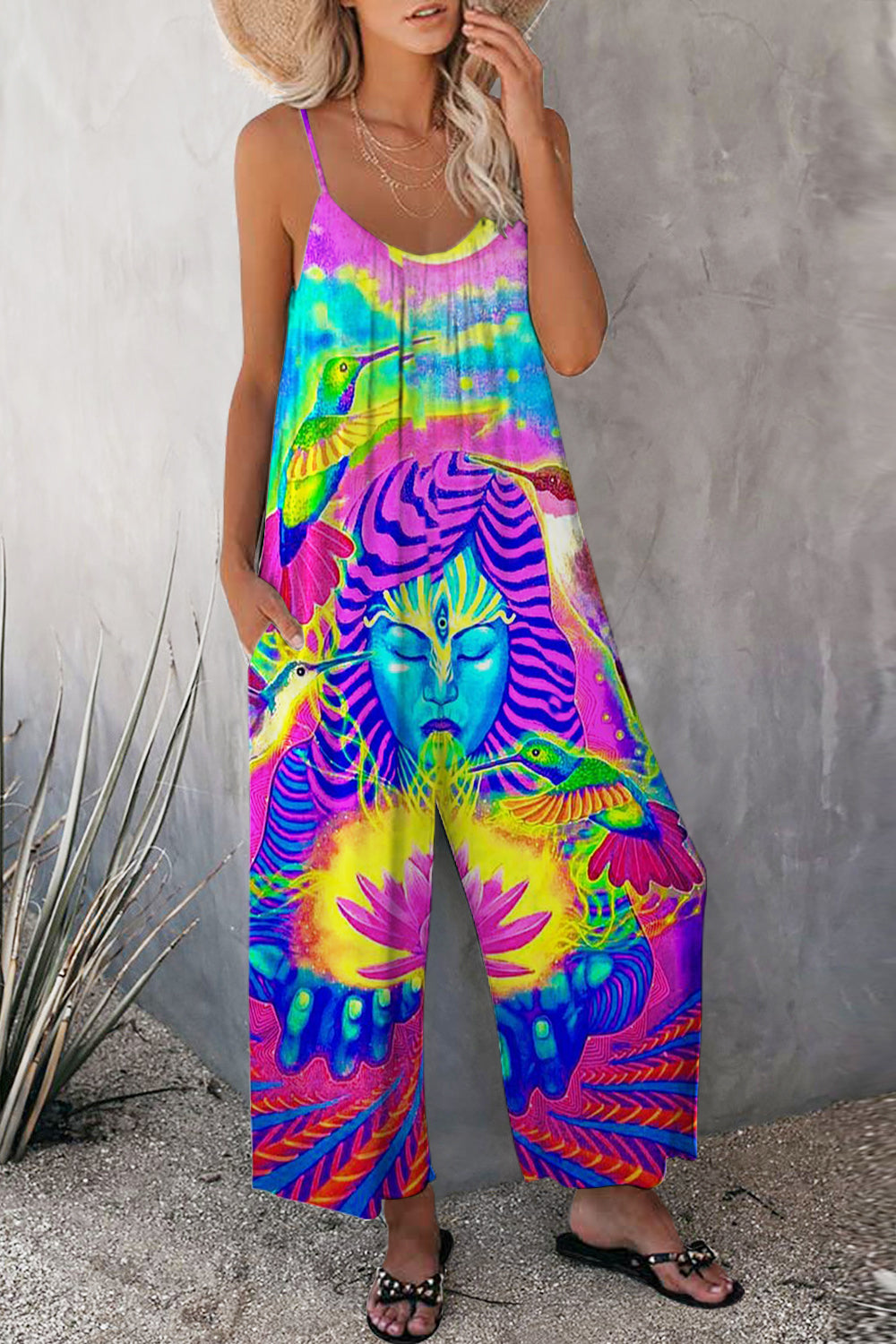 Retro Hippie Art Goddess Tie Dye Pattern Cami Jumpsuit