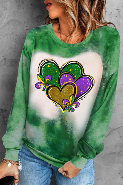 Mardi Gras Glitter Hearts Print Tie Dye Bleached Long-Sleeved Sweatshirt