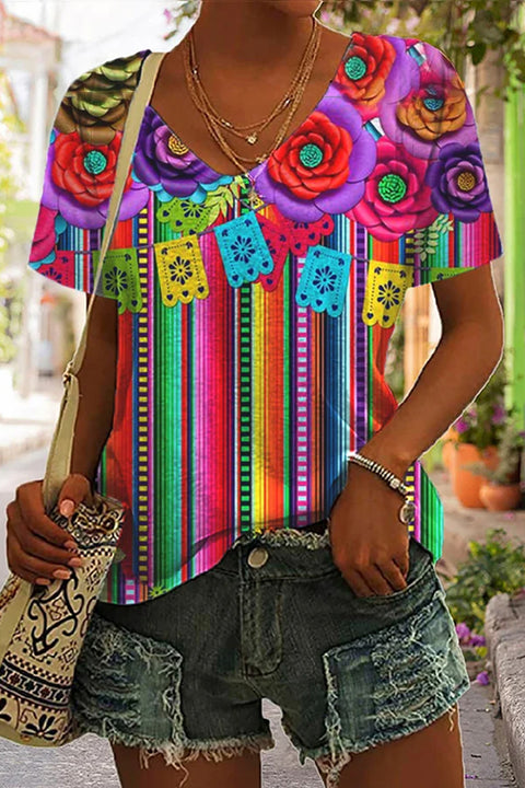 Cinco De Mayo Mexican Western Striped Print V Neck T-shirt